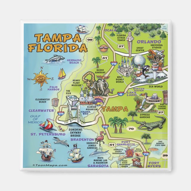 Tampa Florida Tecknad Karta Magnet (Framsidan)