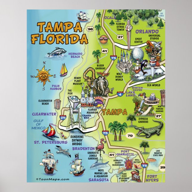 Tampa Florida Tecknad Karta Poster (Framsidan)