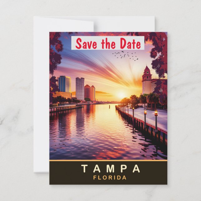 Tampa Florida Vattennära Solnedgång Bröllopsinbjud Spara Datumet (Framsida)