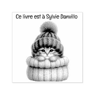 Tampon encreur en bois chat avec chapeau de laine. självfärgande stämpel