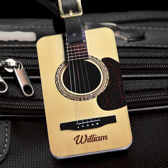 Tan Acoustic Guitar Woodgrain Guitarist Namn Text Bagagebricka (tan brown acoustic guitar luggage tag)