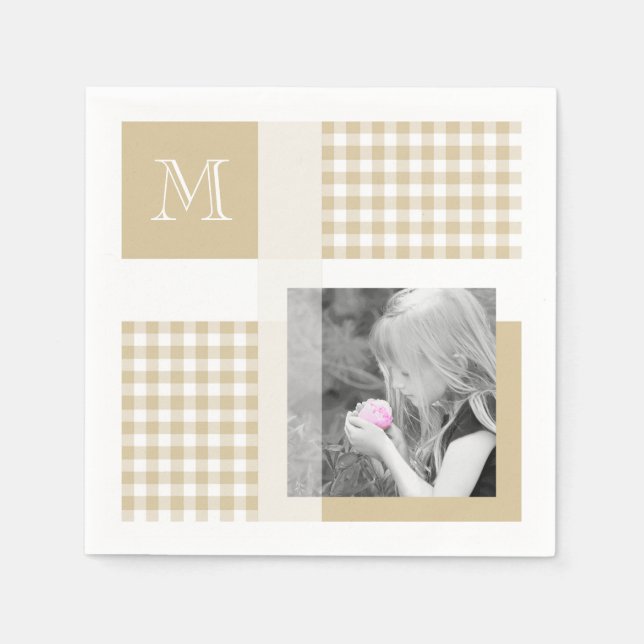 Tan Add Your Photo Gingham Modern Brown Monogram Pappersservett (Framsidan)