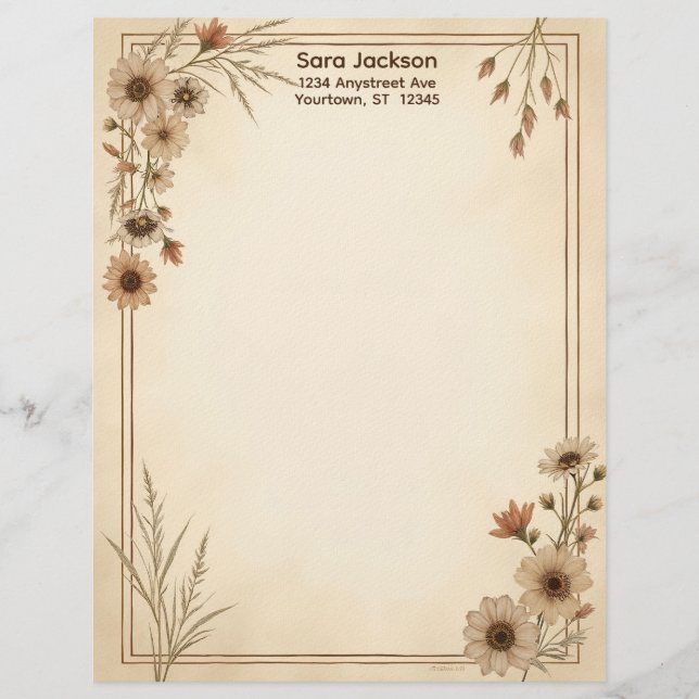 Tan and Brown Flowers and Grass Stationery Paper Brevhuvud (Framsida)
