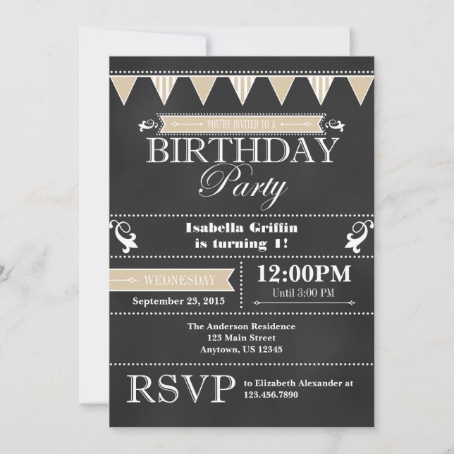 Tan Beige Black Chalkboard Birthday-inbjudan Inbjudningar (Framsida)