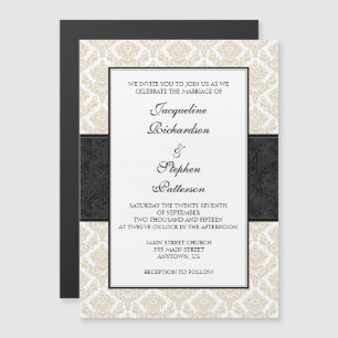 Tan Beige Black Damask Magnetic Bröllopsinbjudans Magnetisk Inbjudningskort