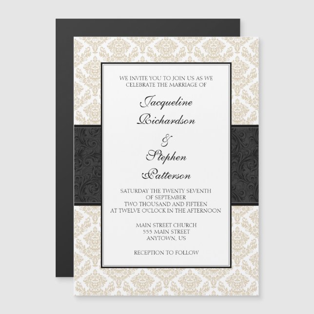Tan Beige Black Damask Magnetic Bröllopsinbjudans Magnetisk Inbjudningskort (Fram/baksida)