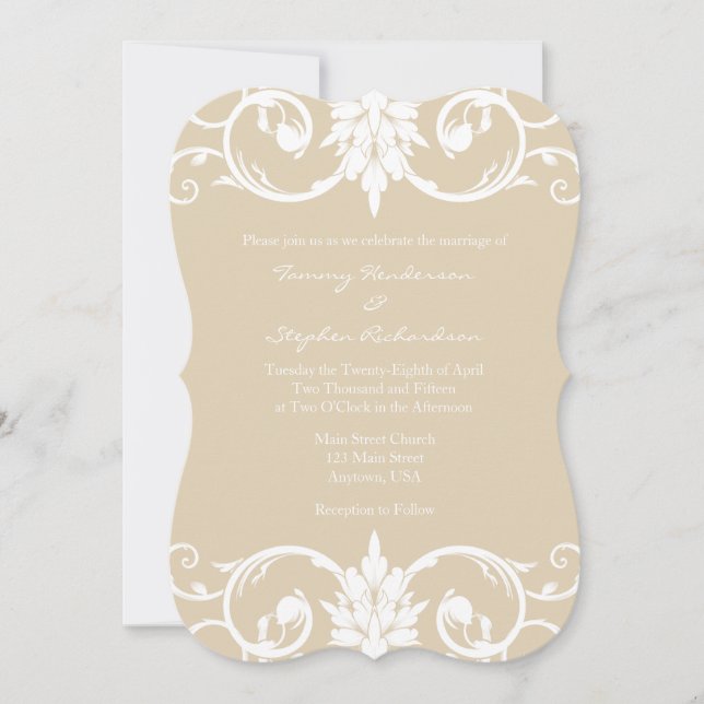 Tan Beige Blommigt Swirls Bracket Wedding bjudande Inbjudningar (Framsida)