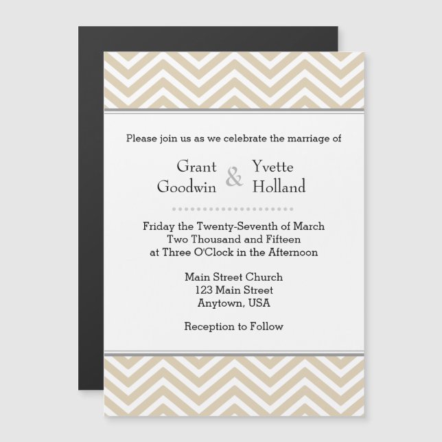 Tan Beige Chevron Magnetic Wedding bjudande Magnetisk Inbjudningskort (Fram/baksida)