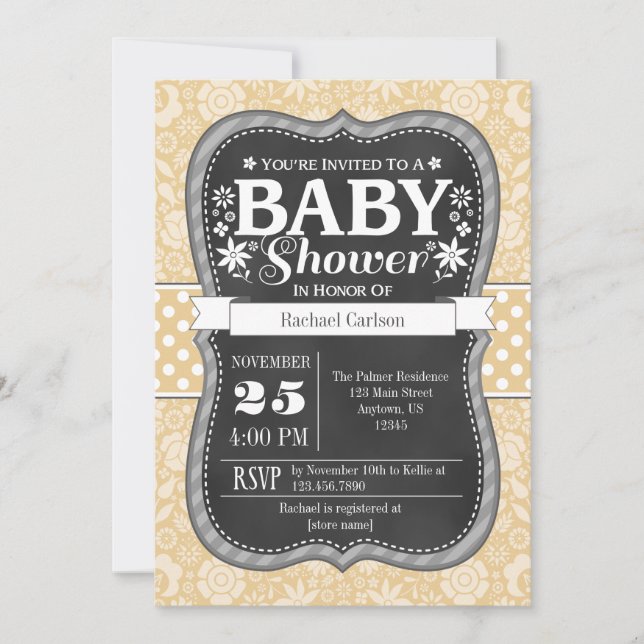 Tan Beige Cream Chalkboard Blommigt Baby Shower Inbjudningar (Framsida)