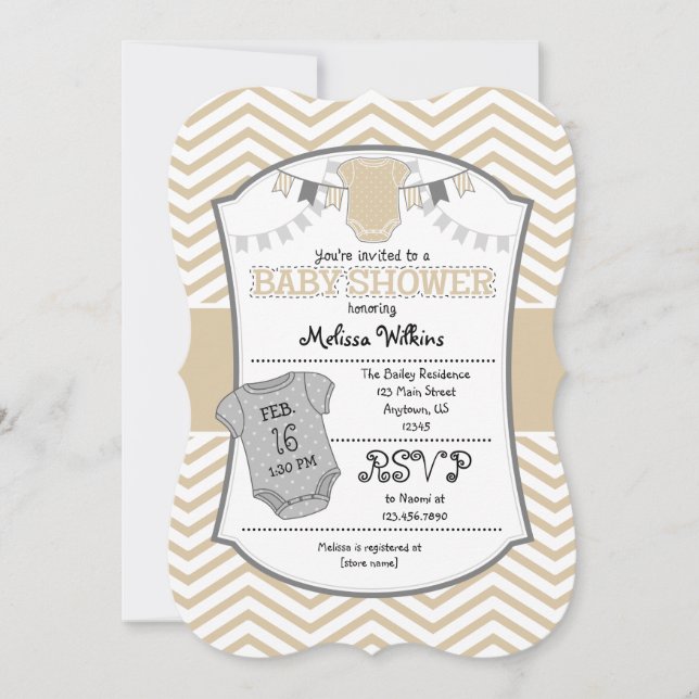 Tan beige grå Chevron Baby Shower-inbjudan Inbjudningar (Framsida)
