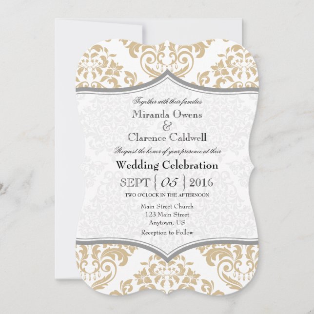 Tan Beige Grått Damask Bracket Wedding bjudande in Inbjudningar (Framsida)