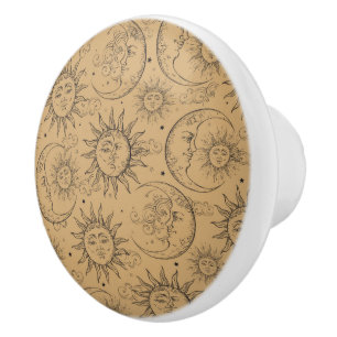Tan Beige Magi Vintage Celestiala Sol Måne Stjärno Knopp