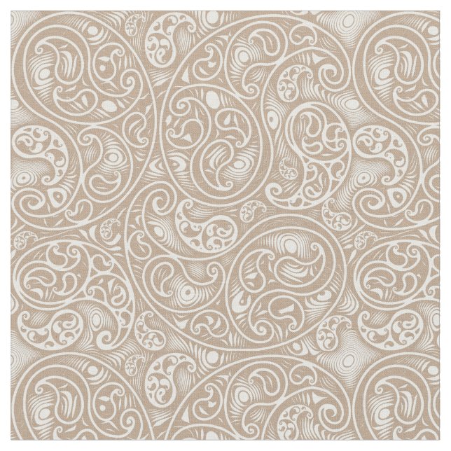 Tan Beige och White Paisley Boteh Mönster Tyg (Närbild)