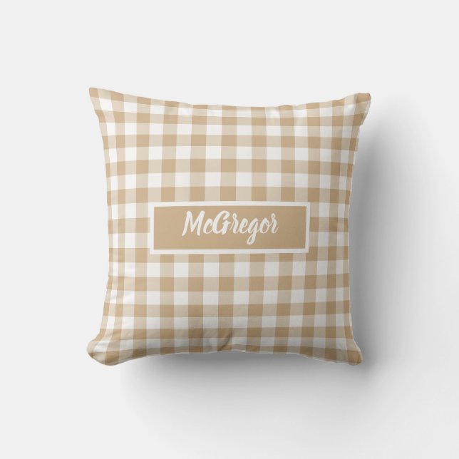 Tan Beige Plaid Gingham Personalized Kudde (Framsida)