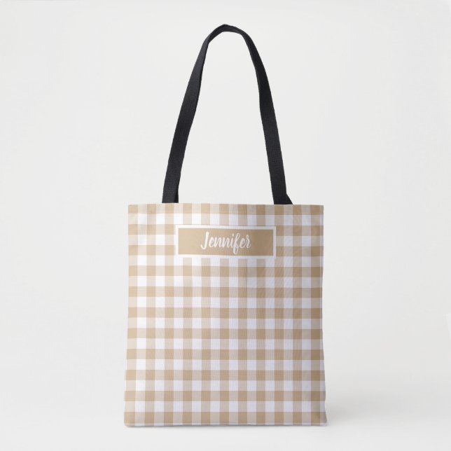 Tan Beige Plaid Gingham Personalized Tygkasse (Framsida)
