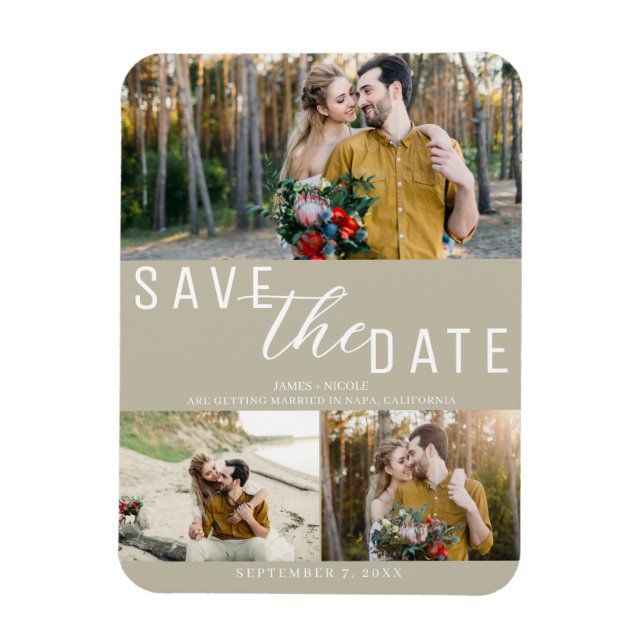 Tan Beige Save Date Bröllop 3 Photos Magnet (Vertikal)