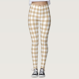 Tan Beige White Gingham Plaid Leggings