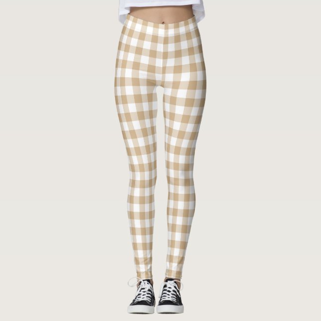 Tan Beige White Gingham Plaid Leggings (Framsida)