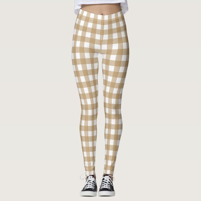 Tan Beige Women's Mode Gingham Leggings (Framsida)