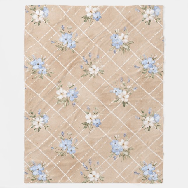 Tan Blå Vita Blommor Fleecefilt (Framsidan)