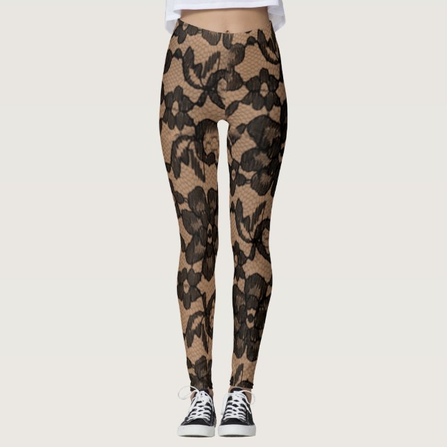 Tan & Black Elegant Faux Snöre Spandex Leggings (Framsida)