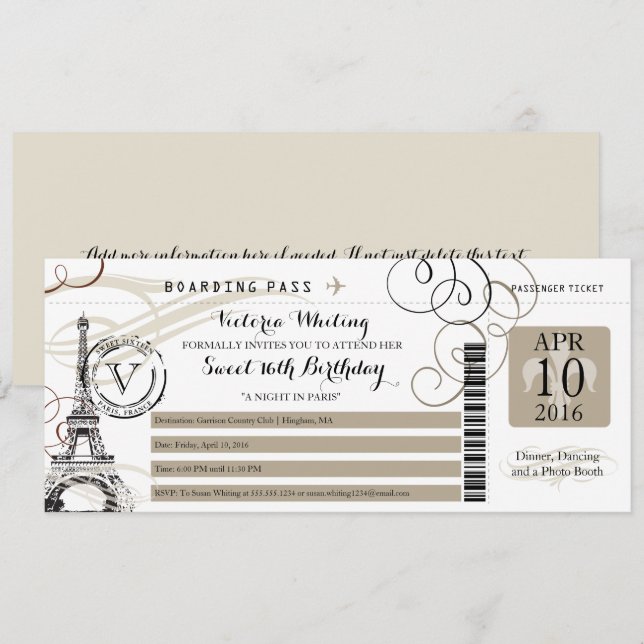 Tan Black Paris Eiffel Torn | Söt 16 födelsedag Inbjudningar (Fram/baksida)
