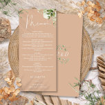 Tan Blommigt Greenery Monogram Bröllop Middag Meny<br><div class="desc">Den här eleganten än blommigt botaniska gröna löv bröllop-menyn kan vara personlig med dina uppgifter i chic typografi med initialer i monogrammet på motsatt sida. Designad av Thisisnotme©</div>