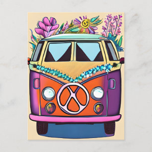 Tan Blommigt Retro Hippie Van Vintage Art Vykort