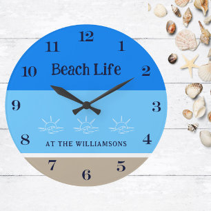 Tan Blue Rand Family Namn Beach House Stor Klocka