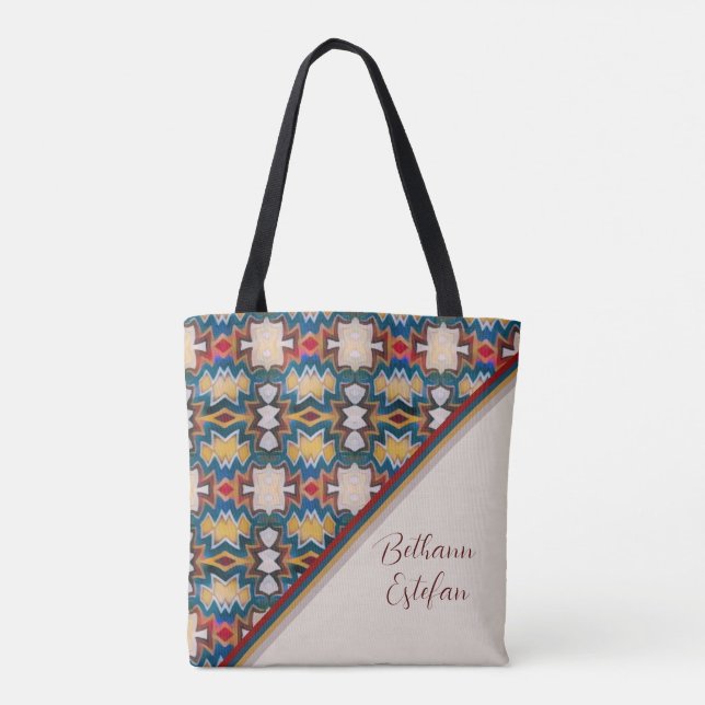 Tan, Blue, White & Red Tribal Inspired Shapes Tote Tygkasse (Baksida)