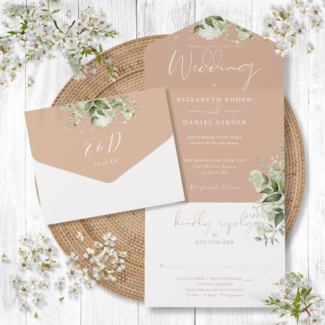 Tan Botanisk Grönska Monogram Bröllop  (Tan Botanical Greenery Monogram Wedding All In One Invitation)