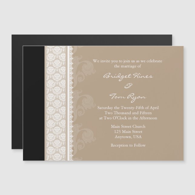 Tan Brown Black Modern Magnetic Wedding bjudande Magnetisk Inbjudningskort (Fram/baksida)