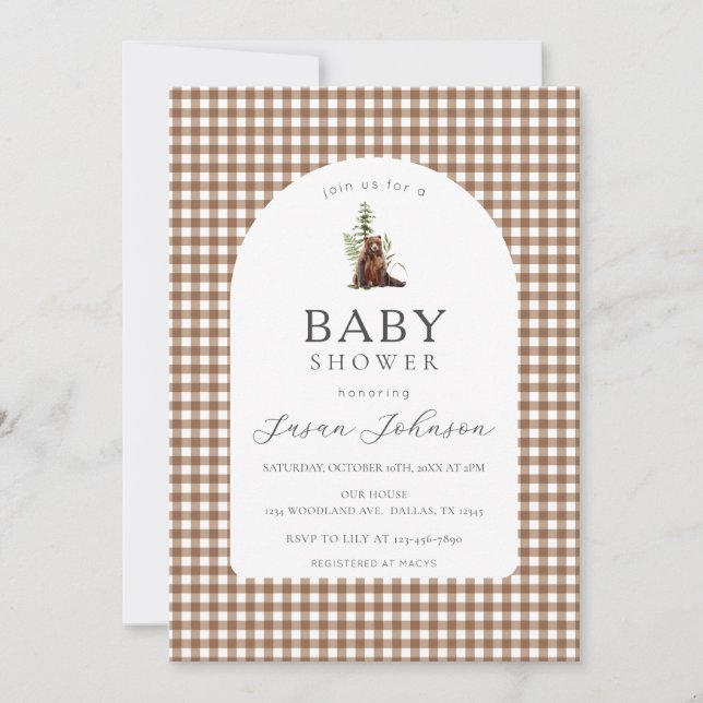 Tan Brown Check Play Gingham Boy Bear Shower Inbjudningar (Framsida)