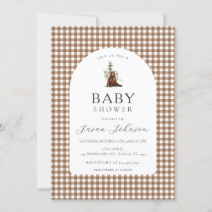 Tan Brown Check Play Gingham Boy Bear Shower Inbjudningar