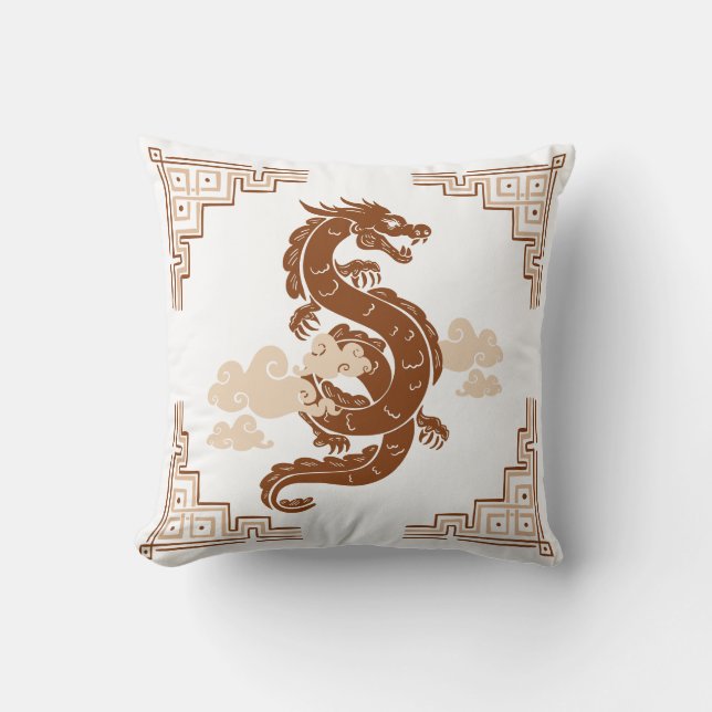 Tan Brown Chinoiserie Dragon and Clouds Kudde (Framsida)