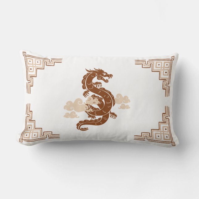 Tan Brown Chinoiserie Dragon and Clouds Lumbarkudde (Framsida)