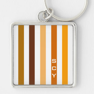 Tan Brown Orange Lodrät Rand Monogram Fyrkantig Silverfärgad Nyckelring