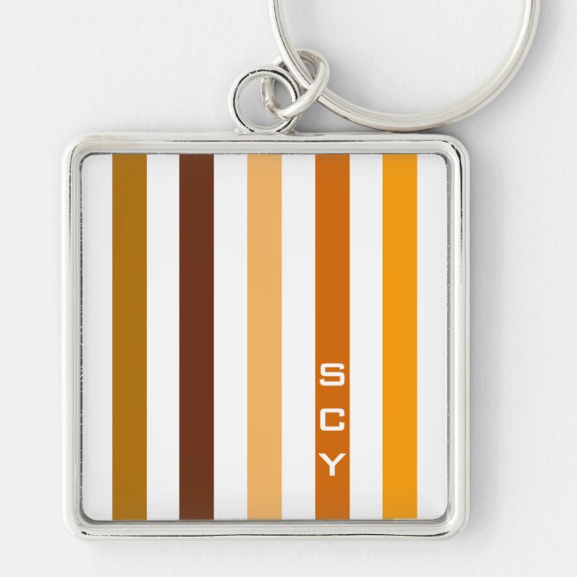 Tan Brown Orange Lodrät Rand Monogram Fyrkantig Silverfärgad Nyckelring (Framsidan)