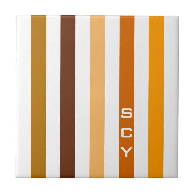 Tan Brown Orange Lodrät Rand Monogram Kakelplatta (Framsidan)