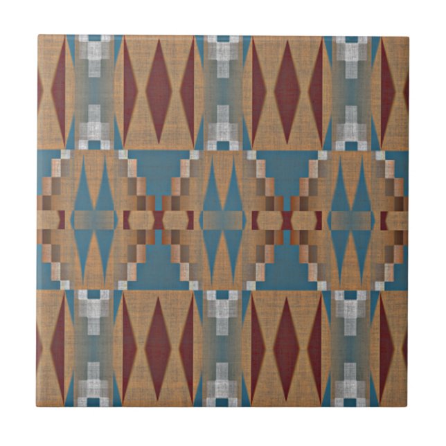 Tan Brown Teal Blue Mörk Red Ethnic Tribe Art Kakelplatta (Framsidan)