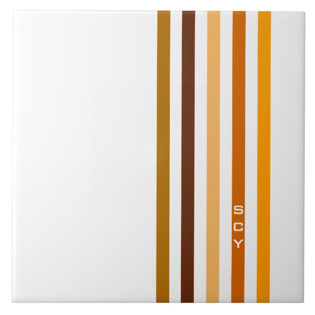 Tan Brun Orange Vertikala Ränder Monogram Kakelplatta (Framsidan)