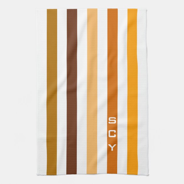 Tan Brun Orange Vertikala Ränder Monogram Kökshandduk (Vertikal)