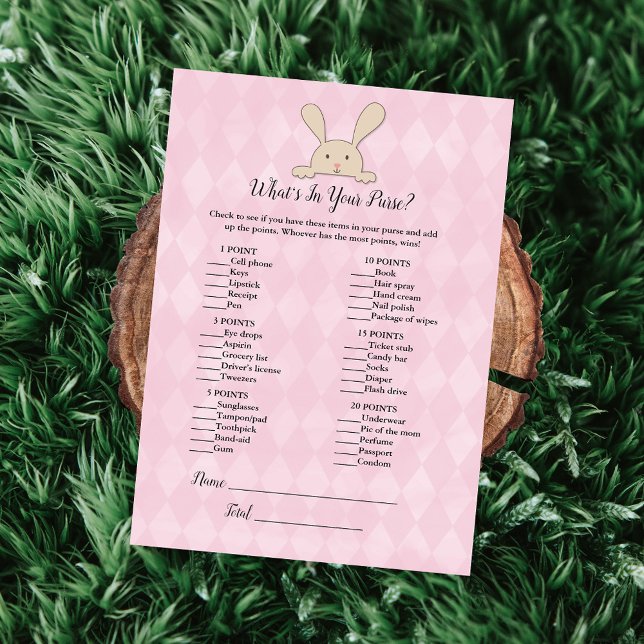 Tan Bunny Rabbit Rosa What's in your Purse Game Inbjudningar (Skapare uppladdad)