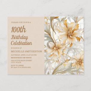 Tan Champagne Blommig Kvinnas 100-årsdag Inbjudan Vykort