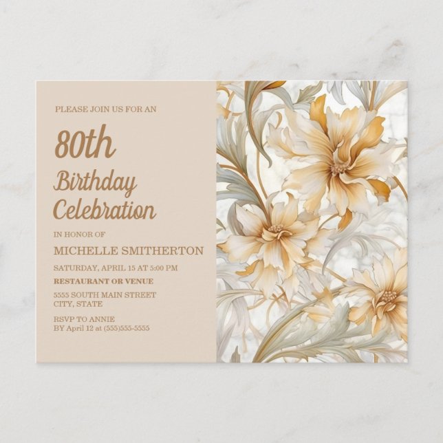 Tan Champagne Blommig Kvinnas 80-årsdag Inbjudan Vykort (Framsida)