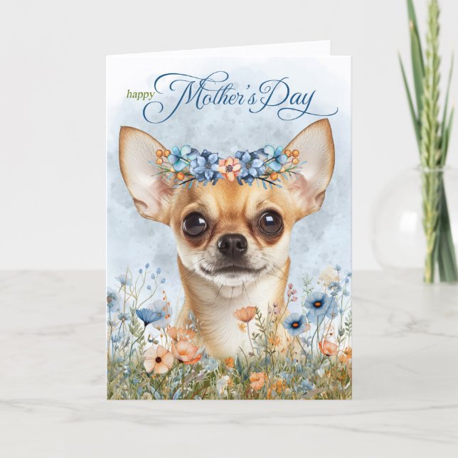 Tan Chihuahua Dog with Wildflowers Mother's Day Helgkort (Framsida)