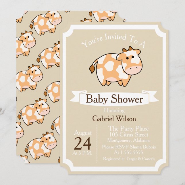 Tan Cow Calf & White Ribbon Baby Shower Inbjudningar (Fram/baksida)