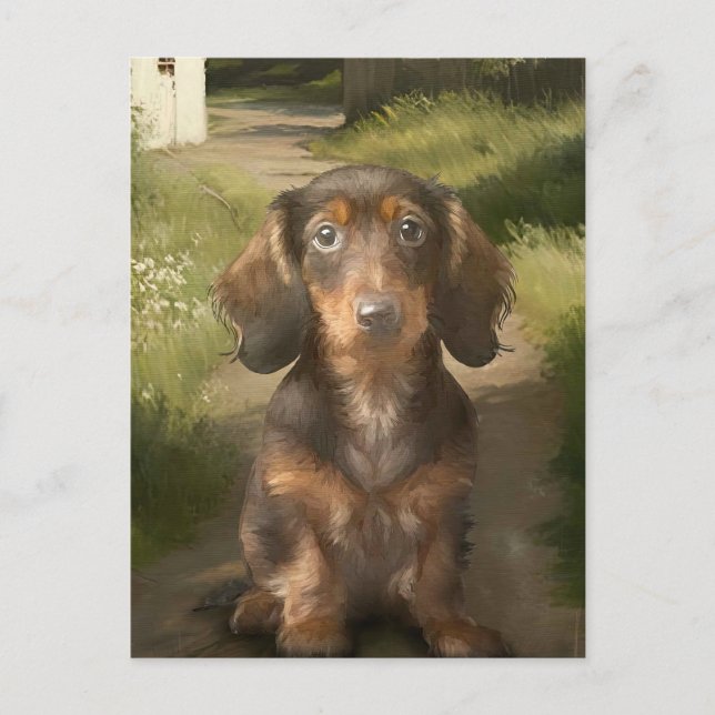 Tan Dachshund Brun Hund Älskare Oljemålning Landsb Vykort (Framsida)
