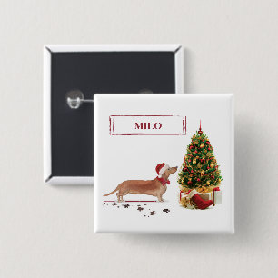 Tan Dachshund Funny jul Hund med Träd Knapp