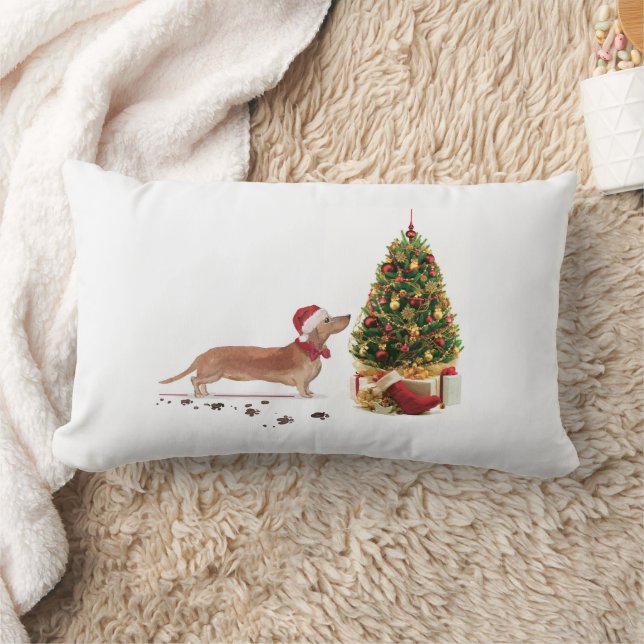 Tan Dachshund Funny jul Hund med Träd Lumbarkudde (Filt)